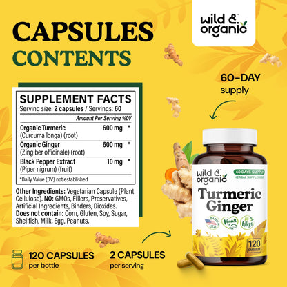Wild & Organic Turmeric & Ginger Capsules – Mobility & Immune Support, Black Pepper, 120 Count (60 Days) – Vegan, Non-GMO