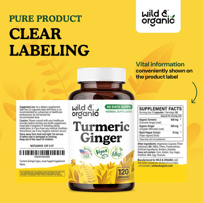Wild & Organic Turmeric & Ginger Capsules – Mobility & Immune Support, Black Pepper, 120 Count (60 Days) – Vegan, Non-GMO
