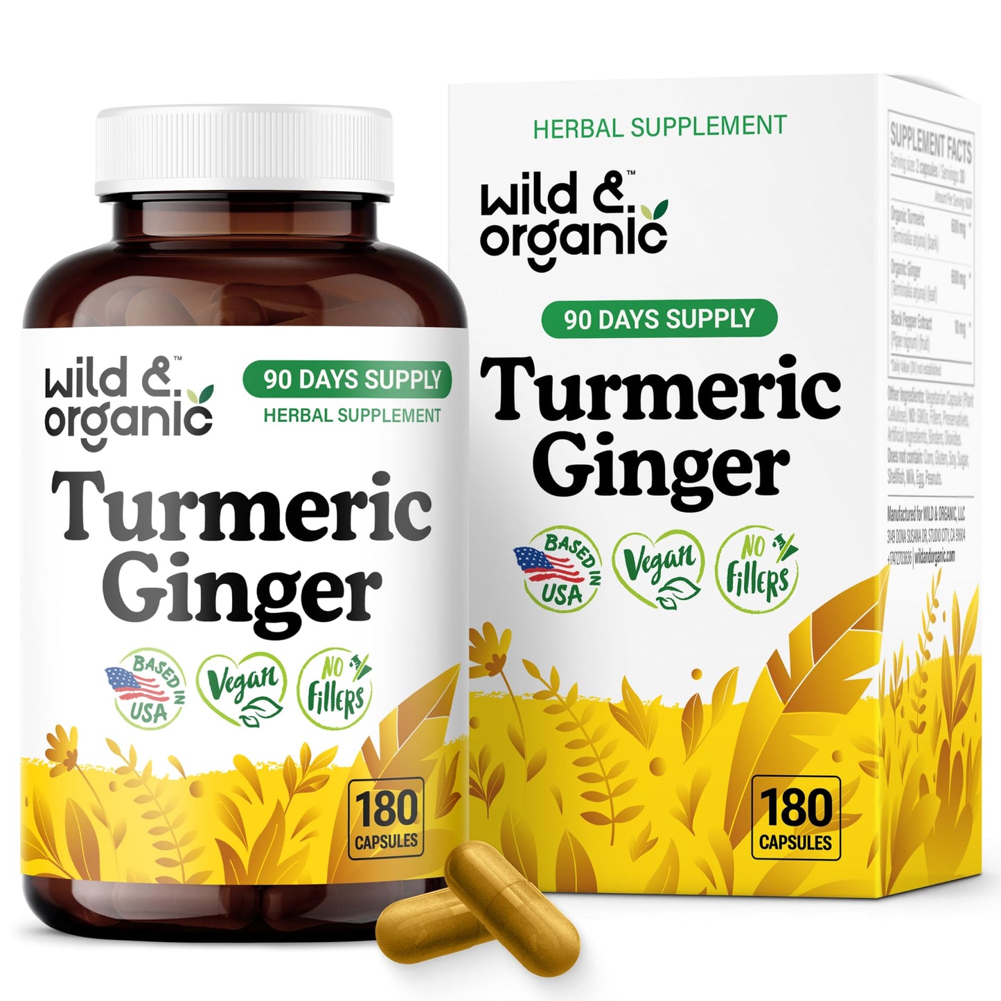Wild & Organic Turmeric & Ginger Capsules | Mobility & Immune Support | 180 Count | Vegan