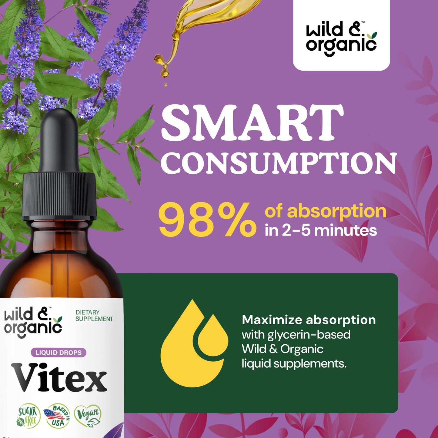 Wild & Organic Vitex Tincture for Perimenopause & Mood Support | Vegan, Alcohol-Free Chasteberry Drops – 2 fl oz