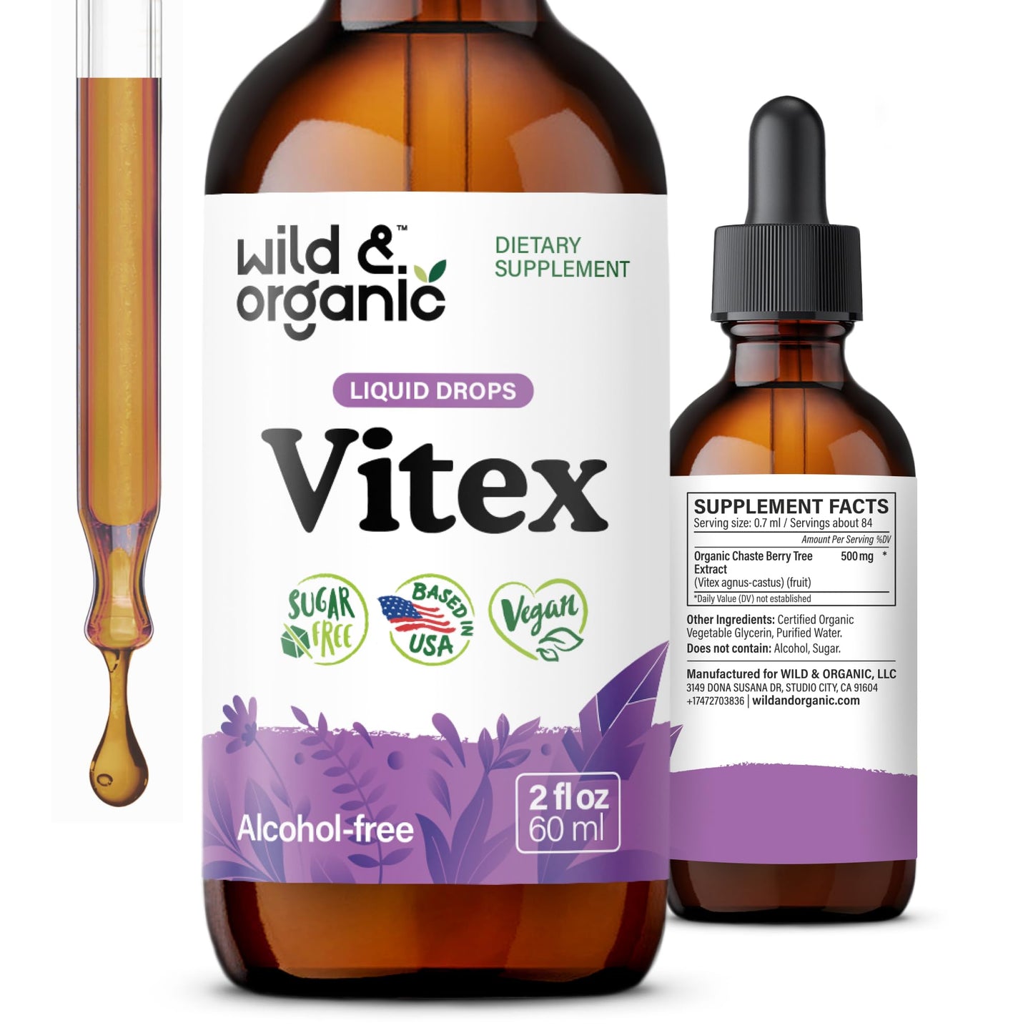 Wild & Organic Vitex Tincture for Perimenopause & Mood Support | Vegan, Alcohol-Free Chasteberry Drops – 2 fl oz