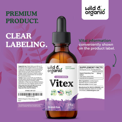 Wild & Organic Vitex Tincture for Perimenopause & Mood Support | Vegan, Alcohol-Free Chasteberry Drops – 2 fl oz
