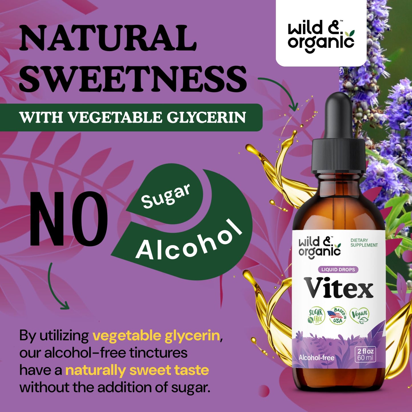 Wild & Organic Vitex Tincture for Perimenopause & Mood Support | Vegan, Alcohol-Free Chasteberry Drops – 2 fl oz