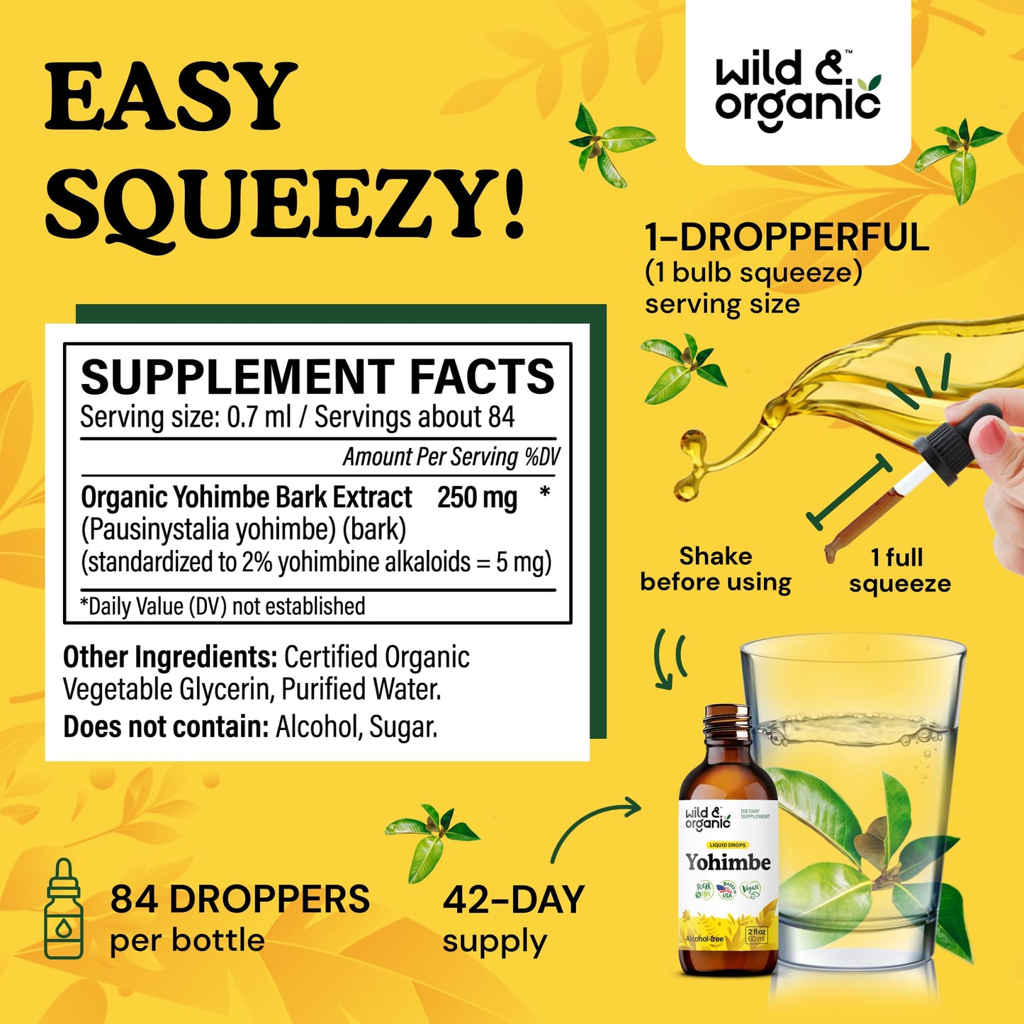 Wild & Organic Yohimbe Drops - 5 mg Yohimbine, Vegan & Alcohol-Free, 2 fl oz