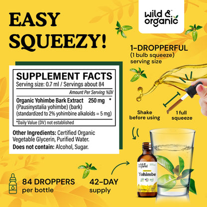 Wild & Organic Yohimbe Drops - 5 mg Yohimbine, Vegan & Alcohol-Free, 2 fl oz