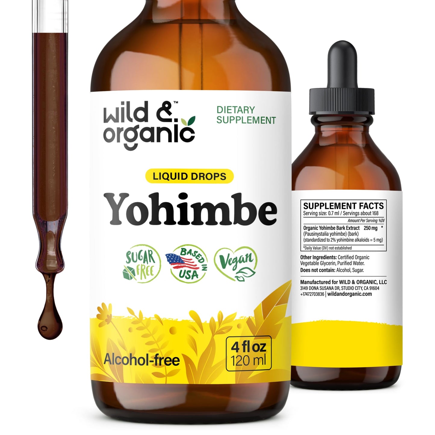 Wild & Organic Yohimbe Supplements for Men & Women - 5 mg Yohimbine Extract Tincture - Alcohol-Free Yohimbe Bark Drops - Vegan, Non-GMO & Sugar-Free - 4 fl oz