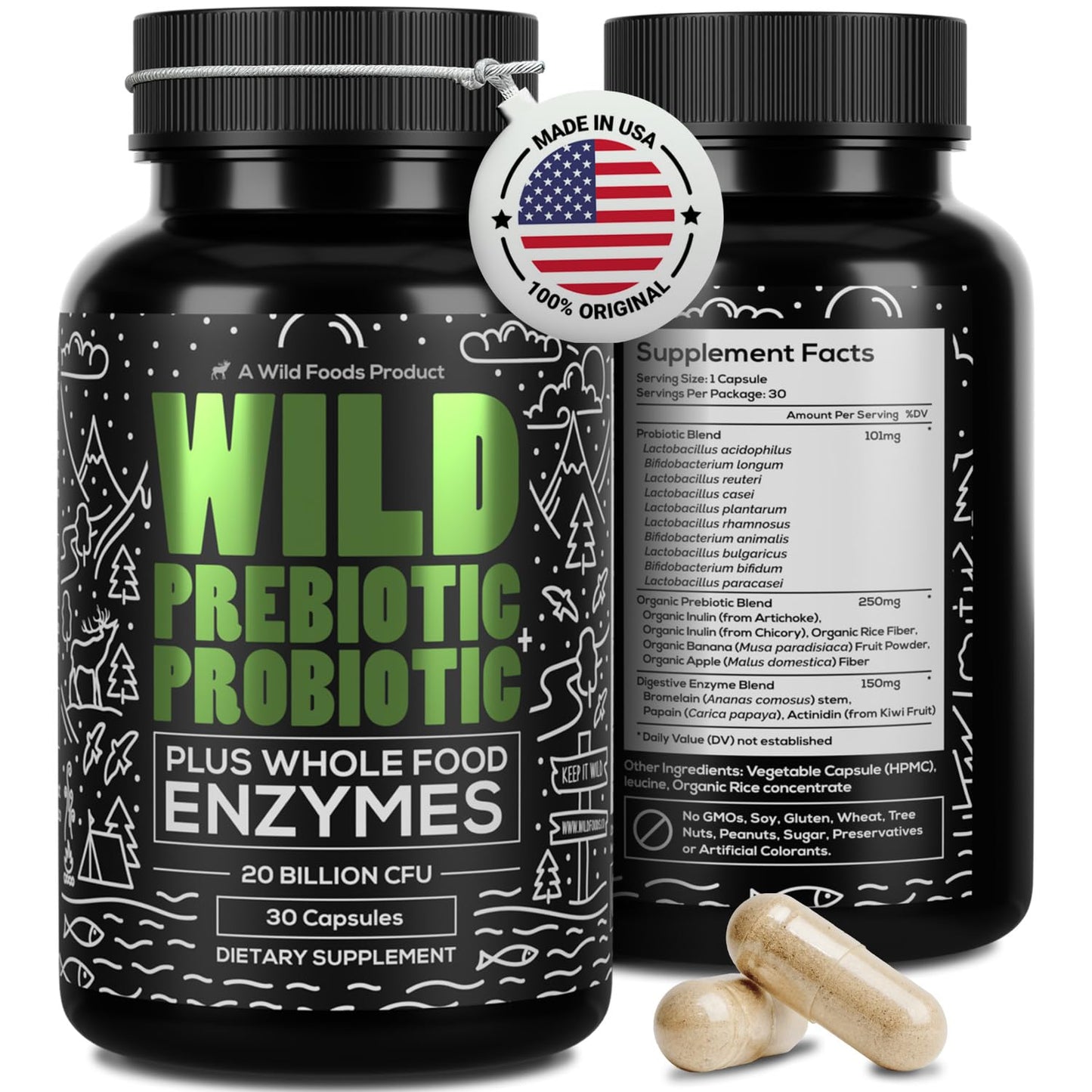 Wild Prebiotics & Probiotics with Digestive Enzymes – 20B CFU, 10 Strains, for Women & Men, 30 Count (Pack of 2)