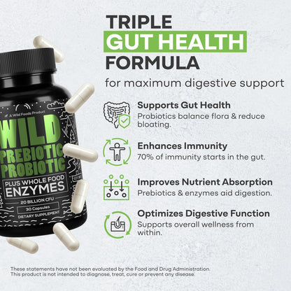 Wild Prebiotics & Probiotics with Digestive Enzymes – 20B CFU, 10 Strains, for Women & Men, 30 Count (Pack of 2)