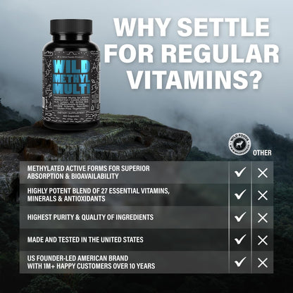 Wild Foods Methylated Multivitamin for Men & Women - Iron-Free Daily Multi with Methyl B12, Folate, A, D, K2, CoQ10 (Pack of Two)