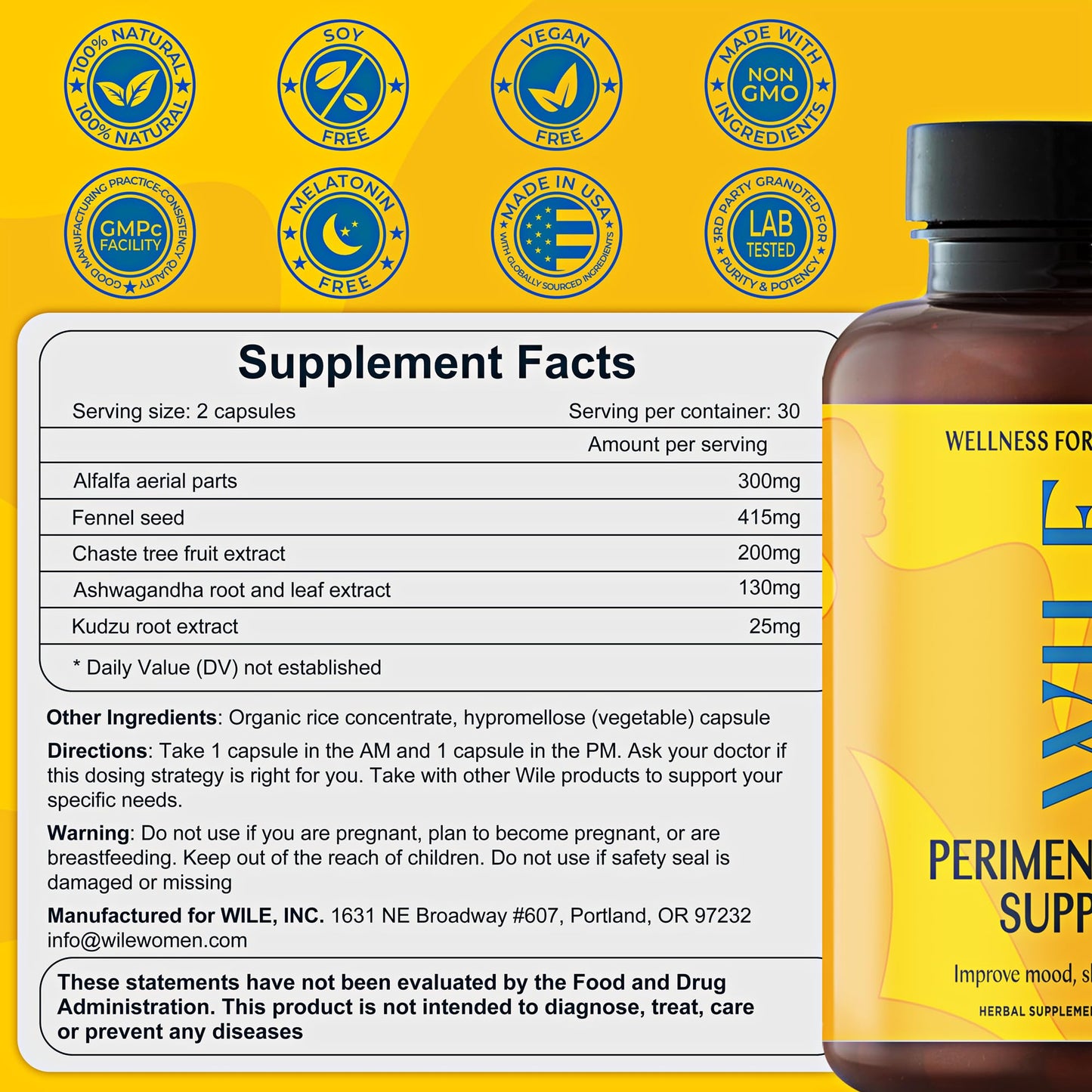 WILE Menopause & Perimenopause Supplements with Ashwagandha — Sleep, Hot Flashes & Stress Support | Vegan, 30 Servings