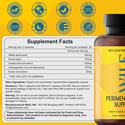 WILE Menopause & Perimenopause Supplements with Ashwagandha — Sleep, Hot Flashes & Stress Support | Vegan, 30 Servings