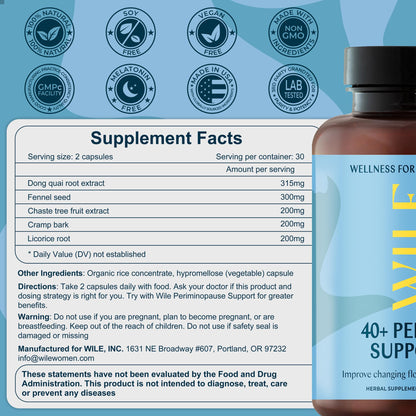 WILE Menopause & Perimenopause Supplements for Women — Hormone Balance, Mood Support, and Menstrual Relief (Vegan, 30 Servings)