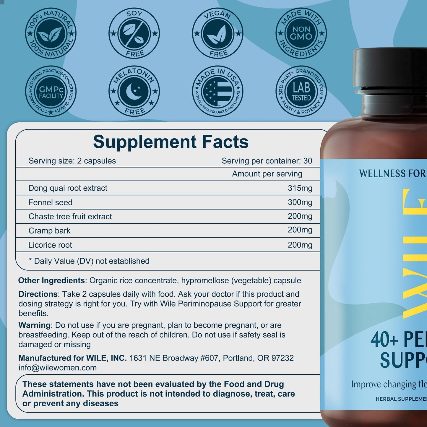 WILE Menopause & Perimenopause Supplements for Women — Hormone Balance, Mood Support, and Menstrual Relief (Vegan, 30 Servings)