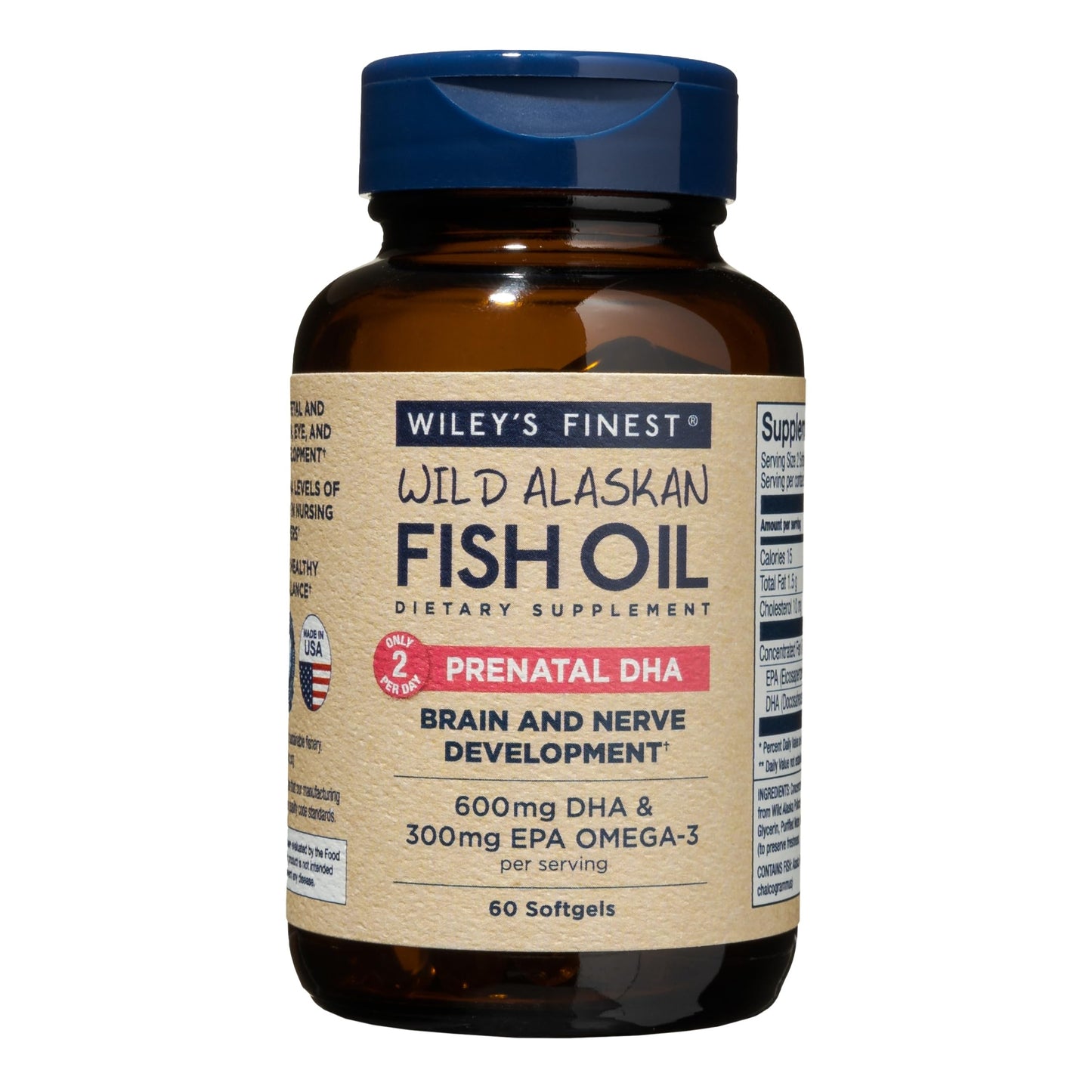 Wiley's Finest Wild Alaskan Fish Oil Prenatal DHA – 900mg EPA & DHA, 60 Softgels (30 Prenatal Servings)