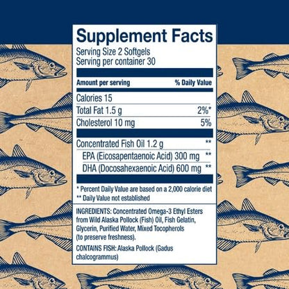Wiley's Finest Wild Alaskan Fish Oil Prenatal DHA – 900mg EPA & DHA, 60 Softgels (30 Prenatal Servings)