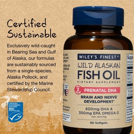 Wiley's Finest Wild Alaskan Fish Oil Prenatal DHA – 900mg EPA & DHA, 60 Softgels (30 Prenatal Servings)