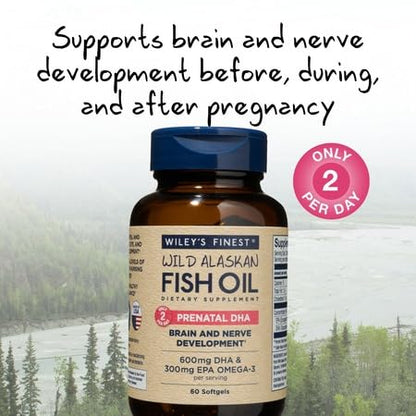 Wiley's Finest Wild Alaskan Fish Oil Prenatal DHA – 900mg EPA & DHA, 60 Softgels (30 Prenatal Servings)