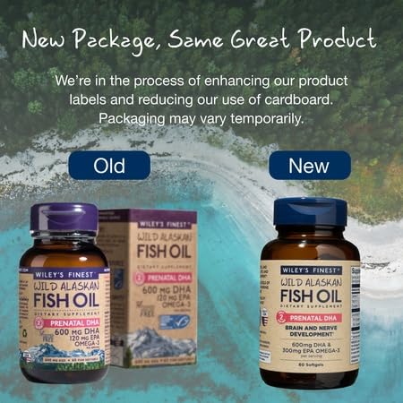 Wiley's Finest Wild Alaskan Fish Oil Prenatal DHA – 900mg EPA & DHA, 60 Softgels (30 Prenatal Servings)