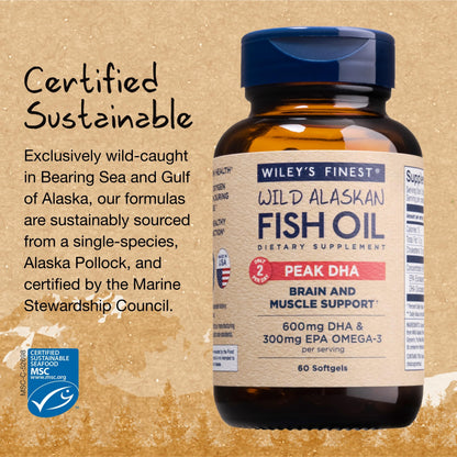 Wiley's Finest Wild Alaskan Fish Oil Peak DHA - 900mg Omega-3s - 60 Softgels (30 Servings)