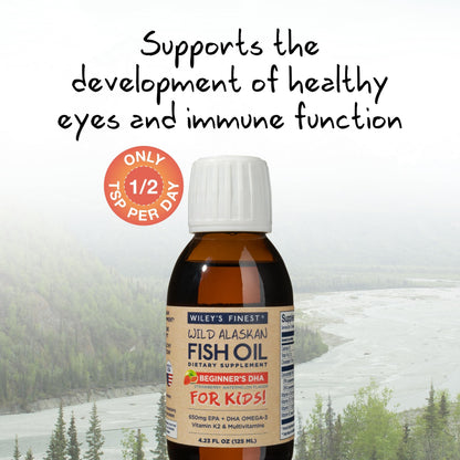 Wiley's Finest Wild Alaskan Beginner's DHA – Kids Liquid Fish Oil, 650 mg EPA/DHA, Strawberry Watermelon, 4.23 oz (50 Servings)