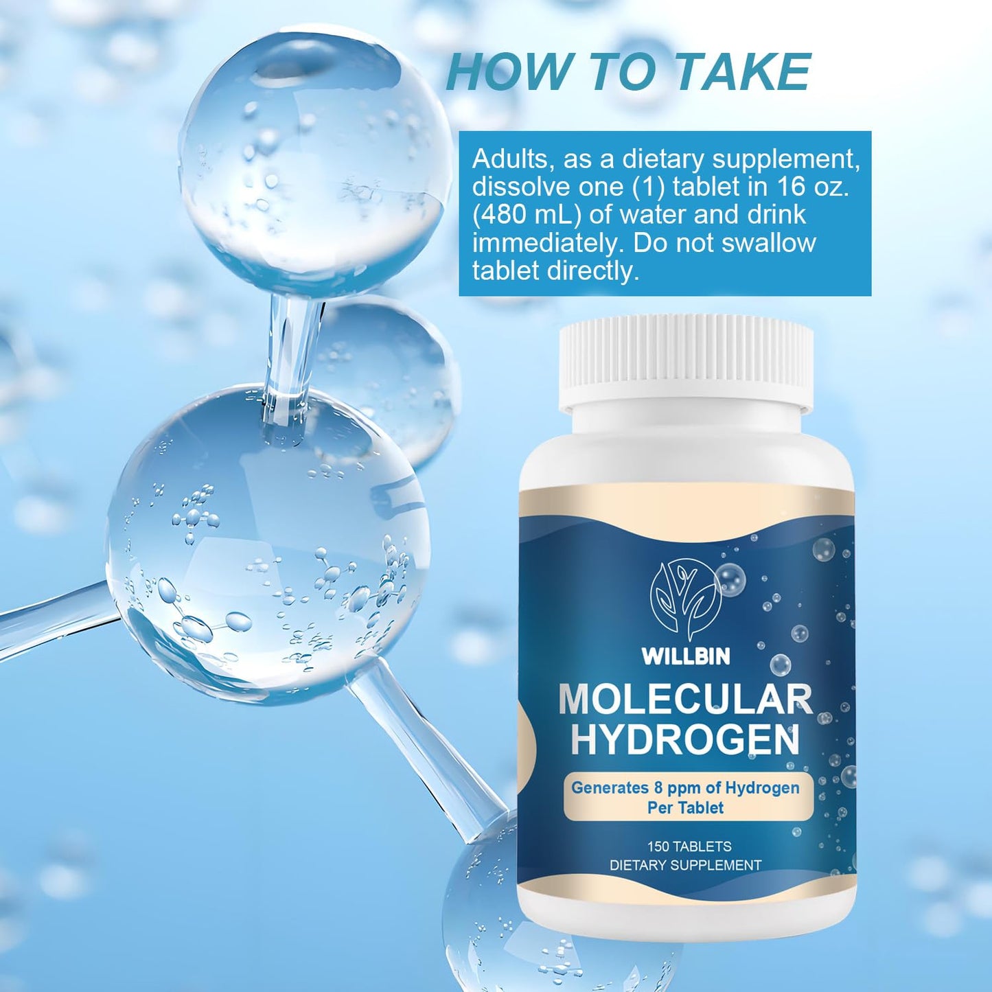 Willbin 150ct Hydrogen Water Tablets - 8ppm Fast-Dissolving, Vegan & Non-GMO