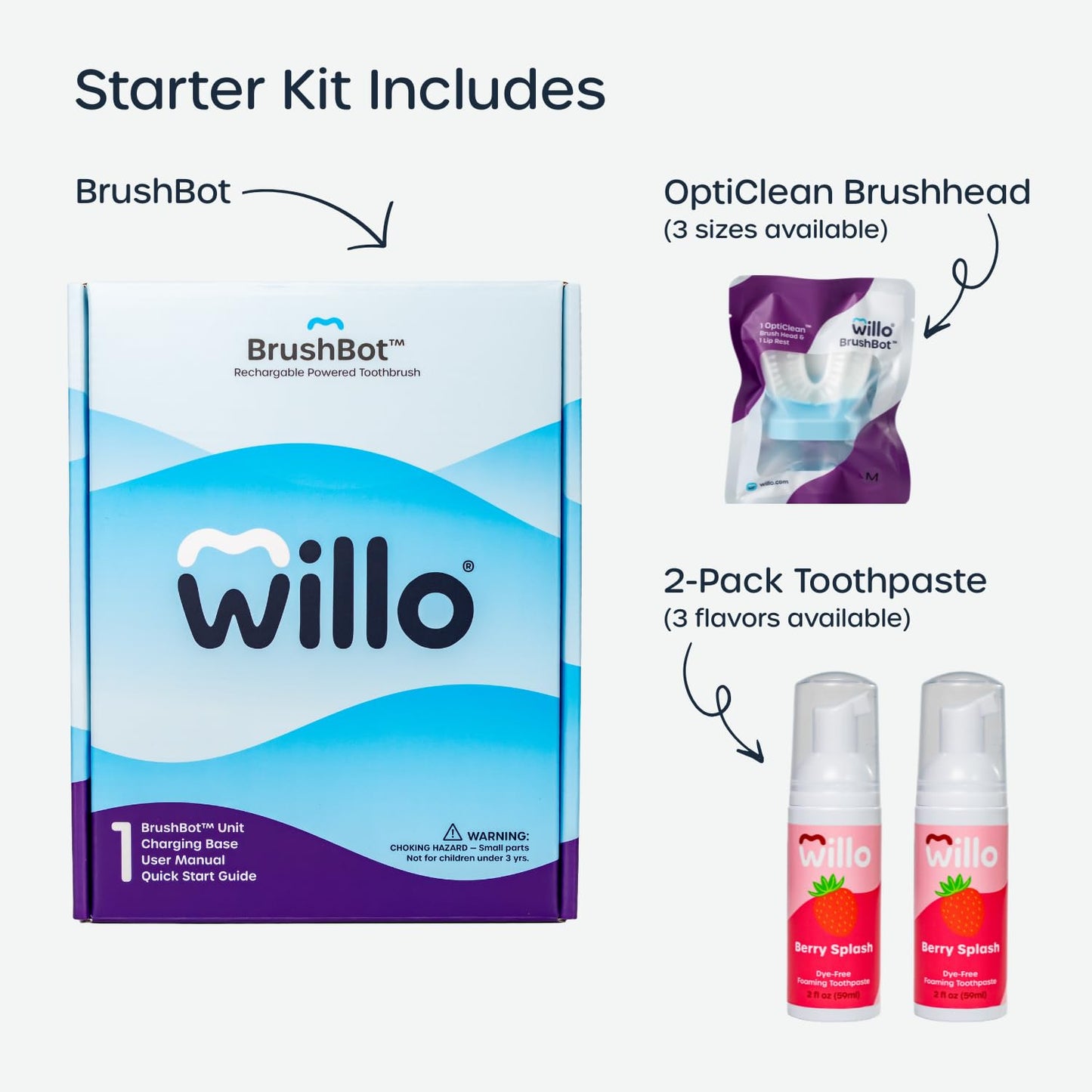 Willo BrushBot Kids U-Shaped Toothbrush Starter Kit – Rechargeable Smart Electric Toothbrush for Kids 5-7 with App, Soft Bristles, Deep Clean Modes | Small Berry Splash
