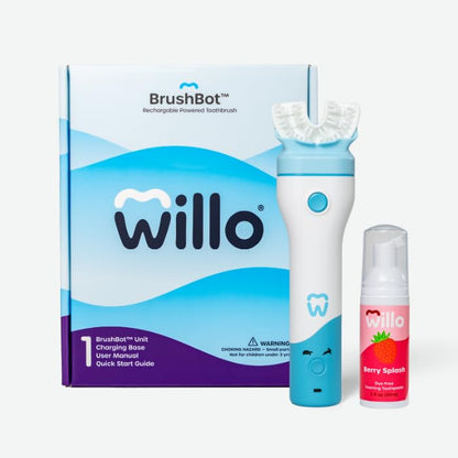 Willo BrushBot Kids U-Shaped Toothbrush Starter Kit – Rechargeable Smart Electric Toothbrush for Kids 5-7 with App, Soft Bristles, Deep Clean Modes | Small Berry Splash