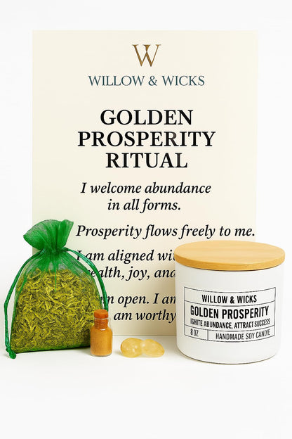 Golden Prosperity Candle Ritual Kit – 8oz Soy Candle by Willow & Wicks