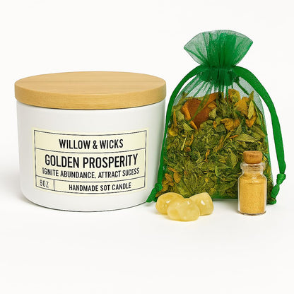 Golden Prosperity Candle Ritual Kit – 8oz Soy Candle by Willow & Wicks