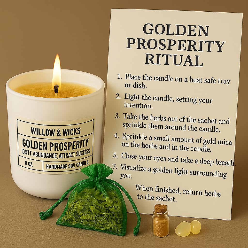 Golden Prosperity Candle Ritual Kit – 8oz Soy Candle by Willow & Wicks