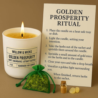 Golden Prosperity Candle Ritual Kit – 8oz Soy Candle by Willow & Wicks