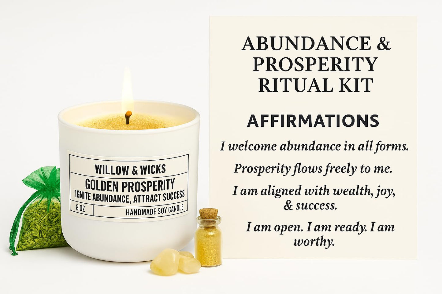 Golden Prosperity Candle Ritual Kit – 8oz Soy Candle by Willow & Wicks