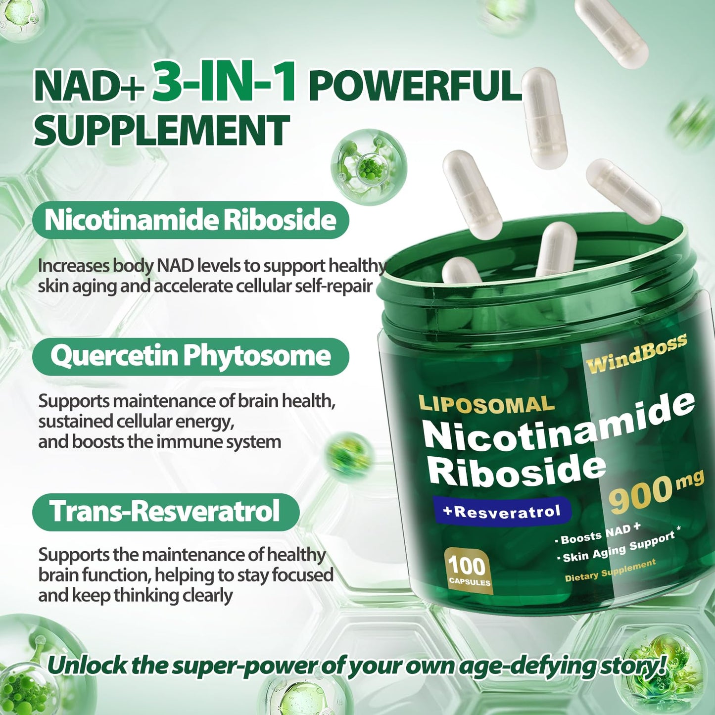 Windboss Liposomal NAD+ Supplement with NR & Resveratrol – NAD Booster for Cellular Energy, Anti-Aging, Metabolism (2pcs)