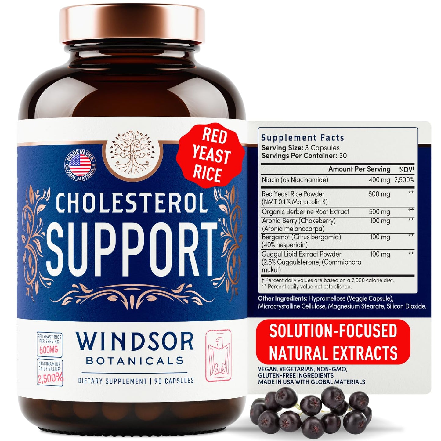Windsor Botanicals Cholesterol Supplement – Bergamot, Berberine & Niacin | 90 Vegan Capsules
