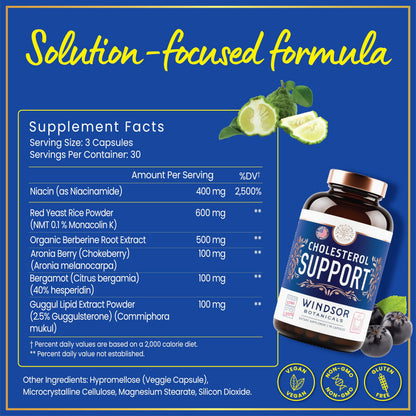 Windsor Botanicals Cholesterol Supplement – Bergamot, Berberine & Niacin | 90 Vegan Capsules