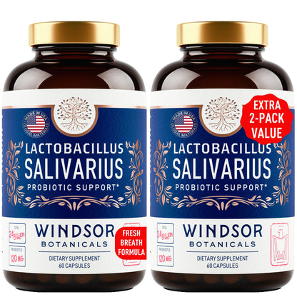 WINDSOR BOTANICALS Lactobacillus Salivarius Probiotic Capsules – 24bn CFU, 2-Pack, 120 Caps | Oral Health & Immune Support