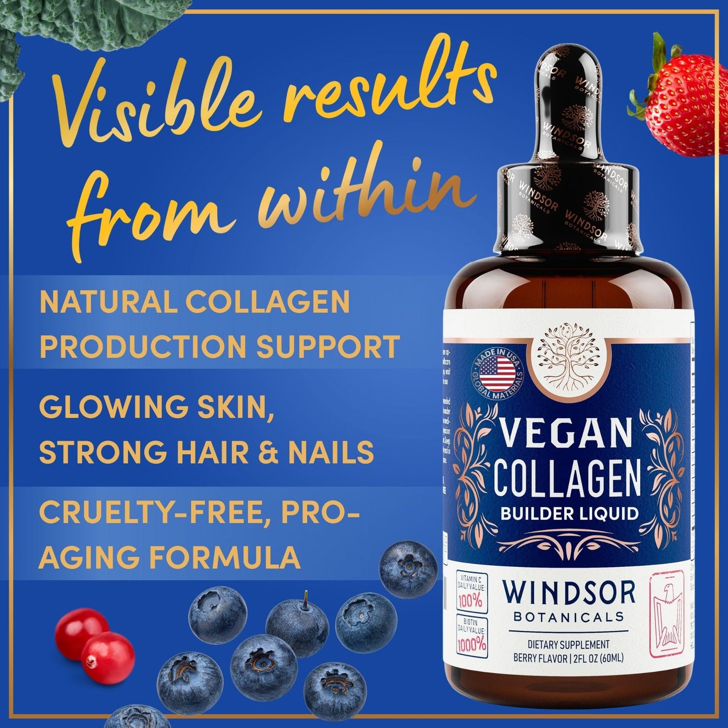 Windsor Botanicals Vegan Collagen Builder Liquid – 60-Day Supply | Vitamin C, Biotin, Hyaluronic Acid | Organic Fruits & Vegetables | 120ml