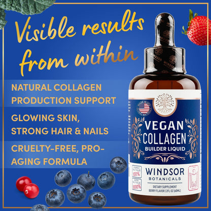 Windsor Botanicals Vegan Collagen Builder Liquid – 60-Day Supply | Vitamin C, Biotin, Hyaluronic Acid | Organic Fruits & Vegetables | 120ml