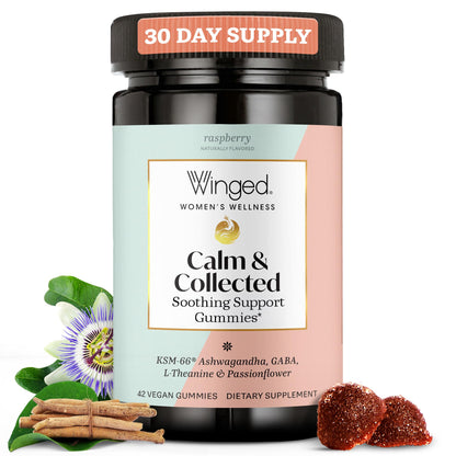 Winged Wellness Calm & Collected Gummies – Stress Support (KSM-66, L-Theanine, GABA) – Vegan & Gluten-Free Raspberry 42 Count