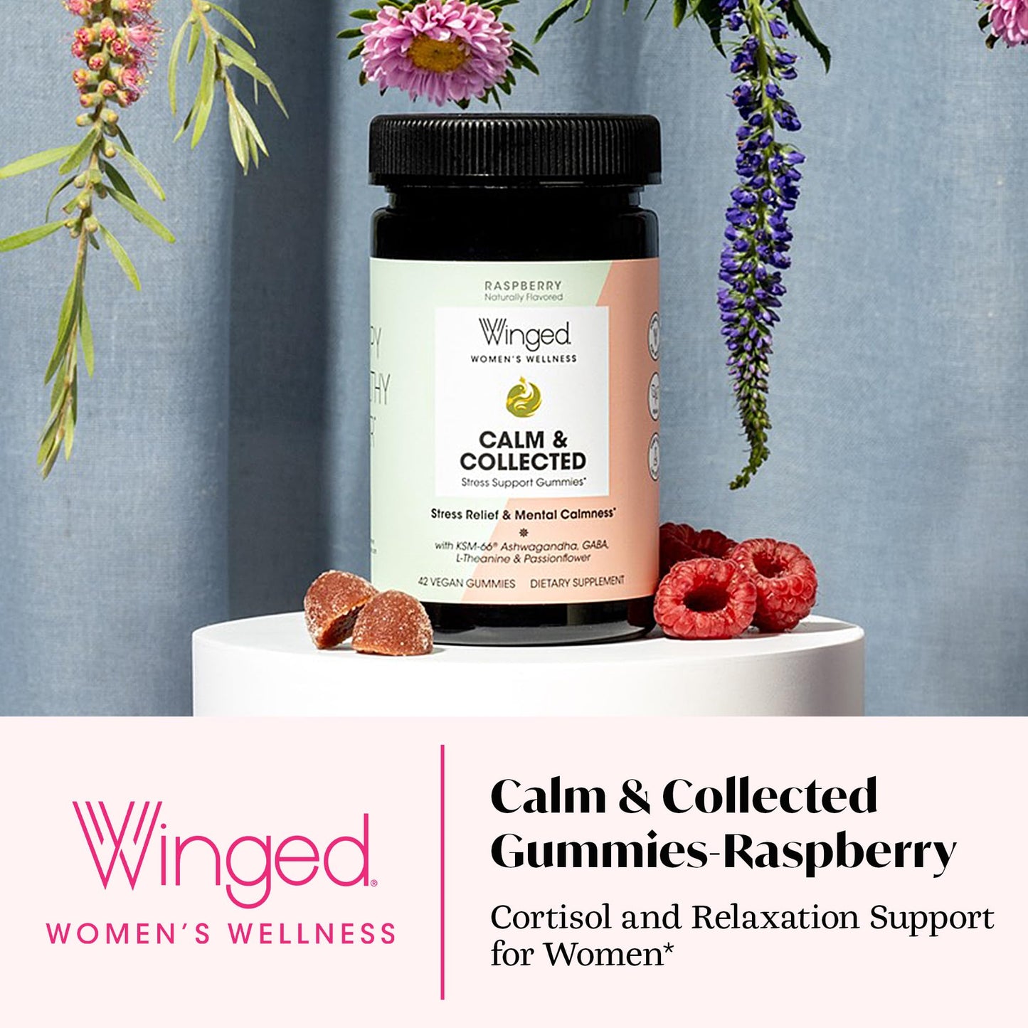 Winged Wellness Calm & Collected Gummies – Stress Support (KSM-66, L-Theanine, GABA) – Vegan & Gluten-Free Raspberry 42 Count