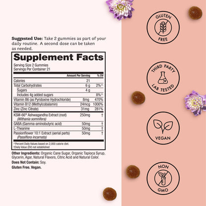 Winged Wellness Calm & Collected Gummies – Stress Support (KSM-66, L-Theanine, GABA) – Vegan & Gluten-Free Raspberry 42 Count