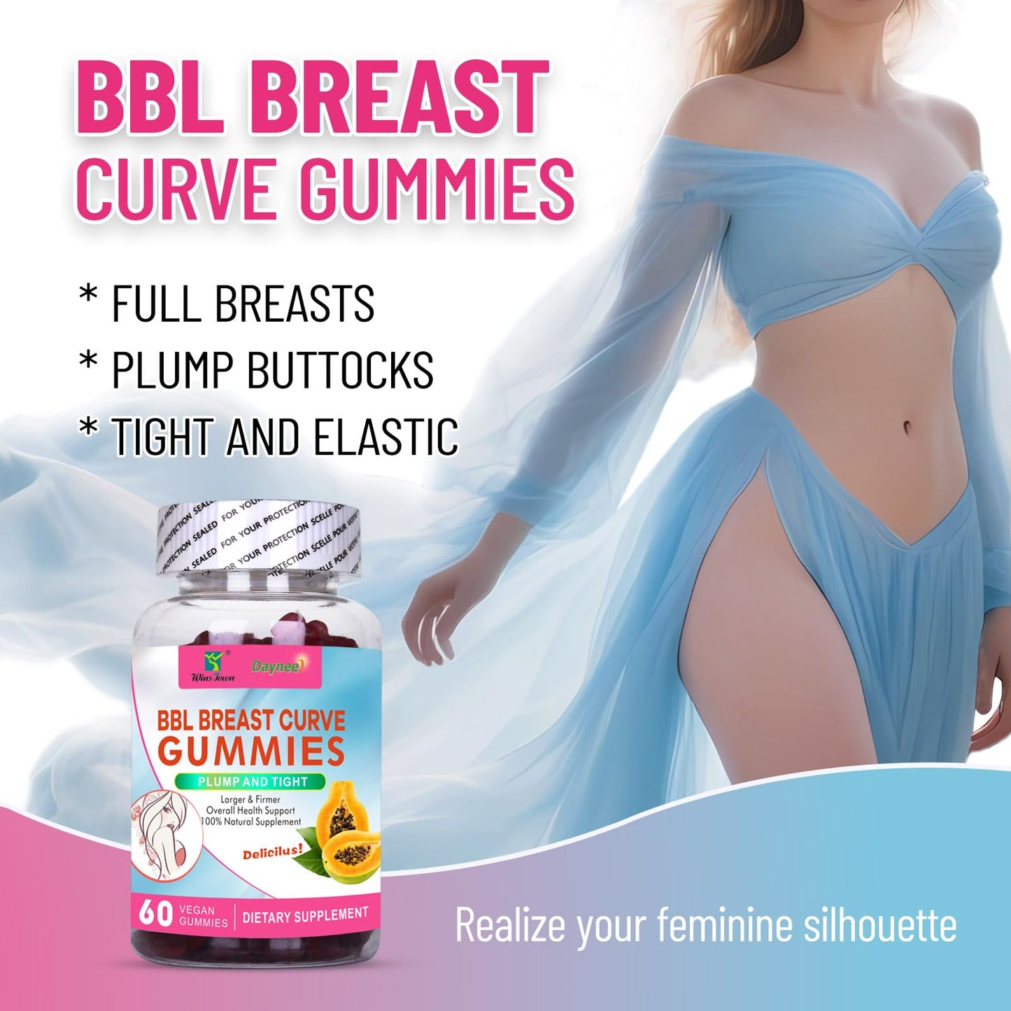Wins Town BBL Chest Curve Gummies – Breast & Buttock Lift Supplements, Larger, Firming & Lifting, 60 Count