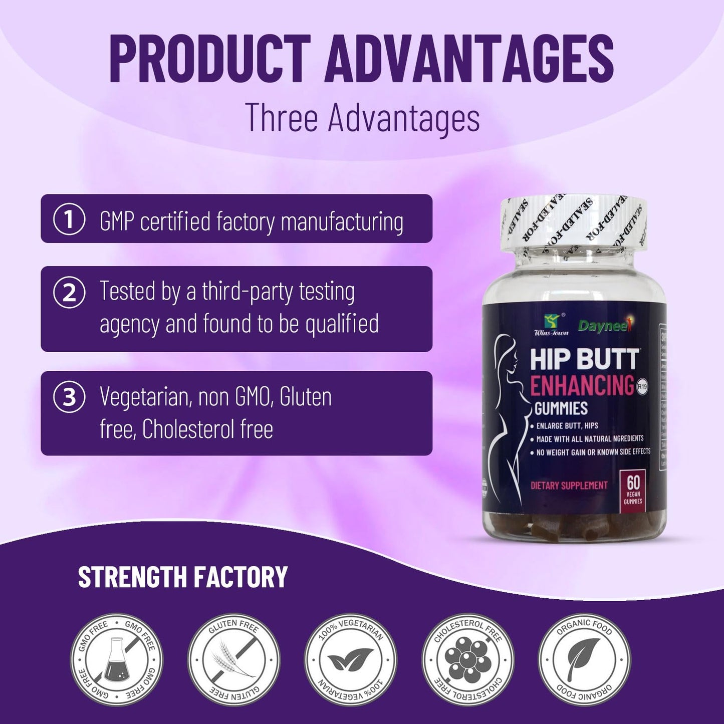Wins Town Hip Butt Enhancement Gummies – Booty Multivitamin for Firm, Lifted Curves (60 Count)