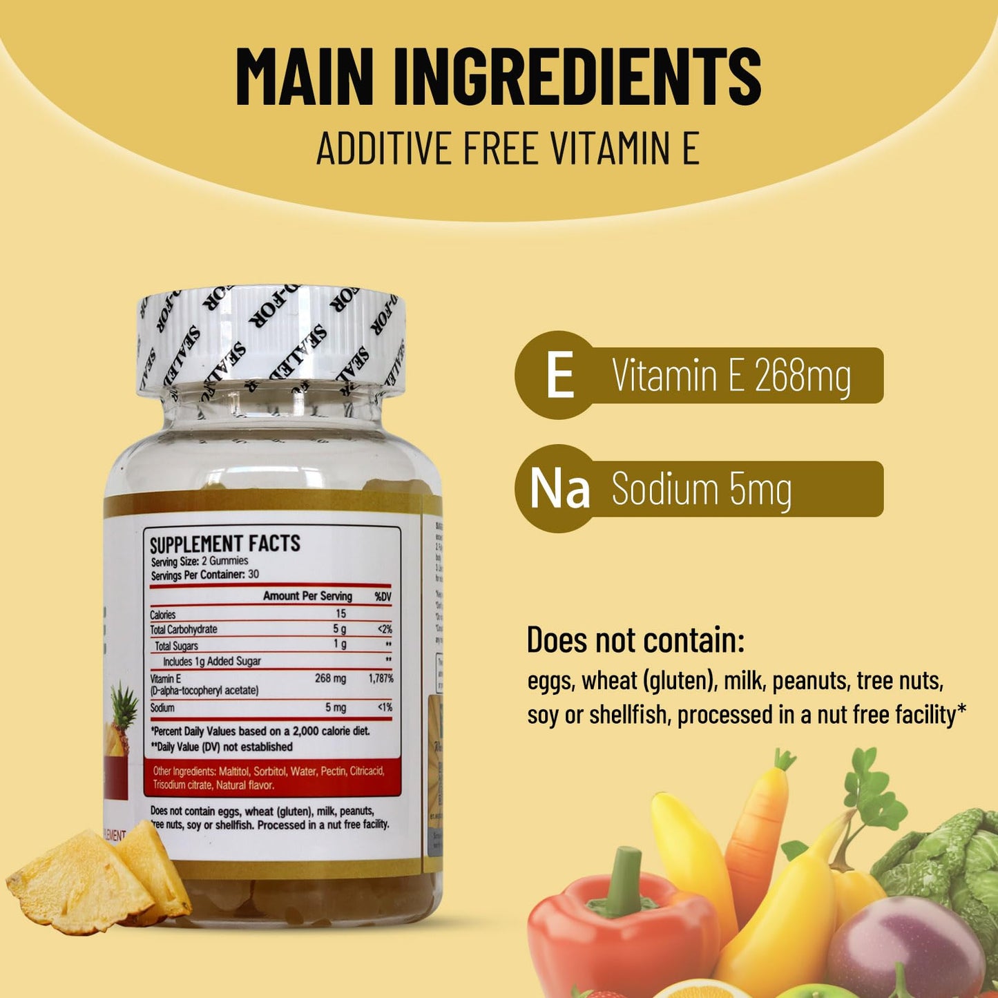 Wins Town Vitamin E Gummies 268mg – Pineapple, Vegan, Non-GMO, 60 Count | Immune, Skin & Eye Support