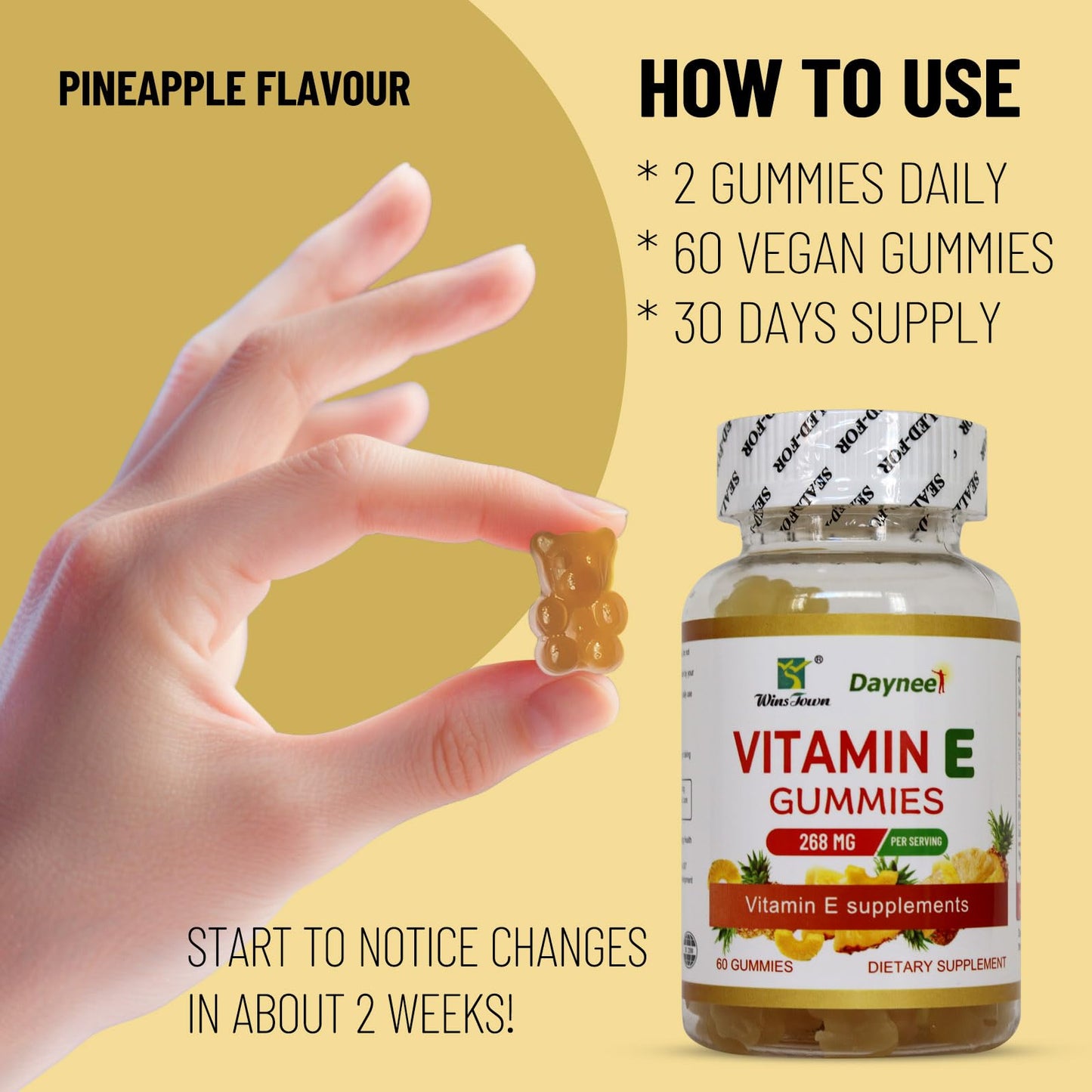Wins Town Vitamin E Gummies 268mg – Pineapple, Vegan, Non-GMO, 60 Count | Immune, Skin & Eye Support