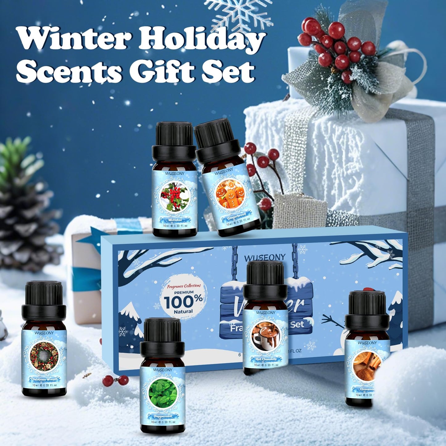 Winter Essential Oil Set – 6 Festive Scents for Diffusers & Gifts | Wreath, Gingerbread, Peppermint