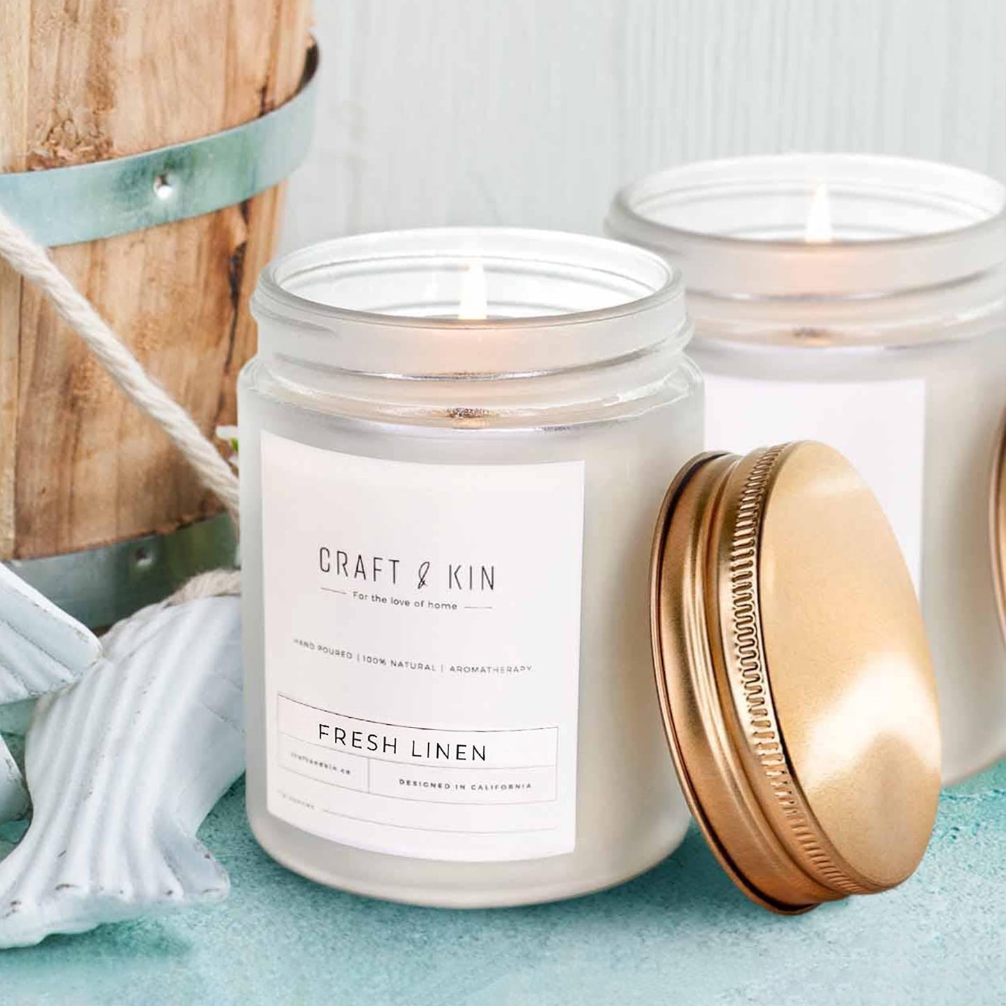 Craft & Kin Fresh Linen Soy Candle – 8 oz, Wood Wick, 45-Hour Burn