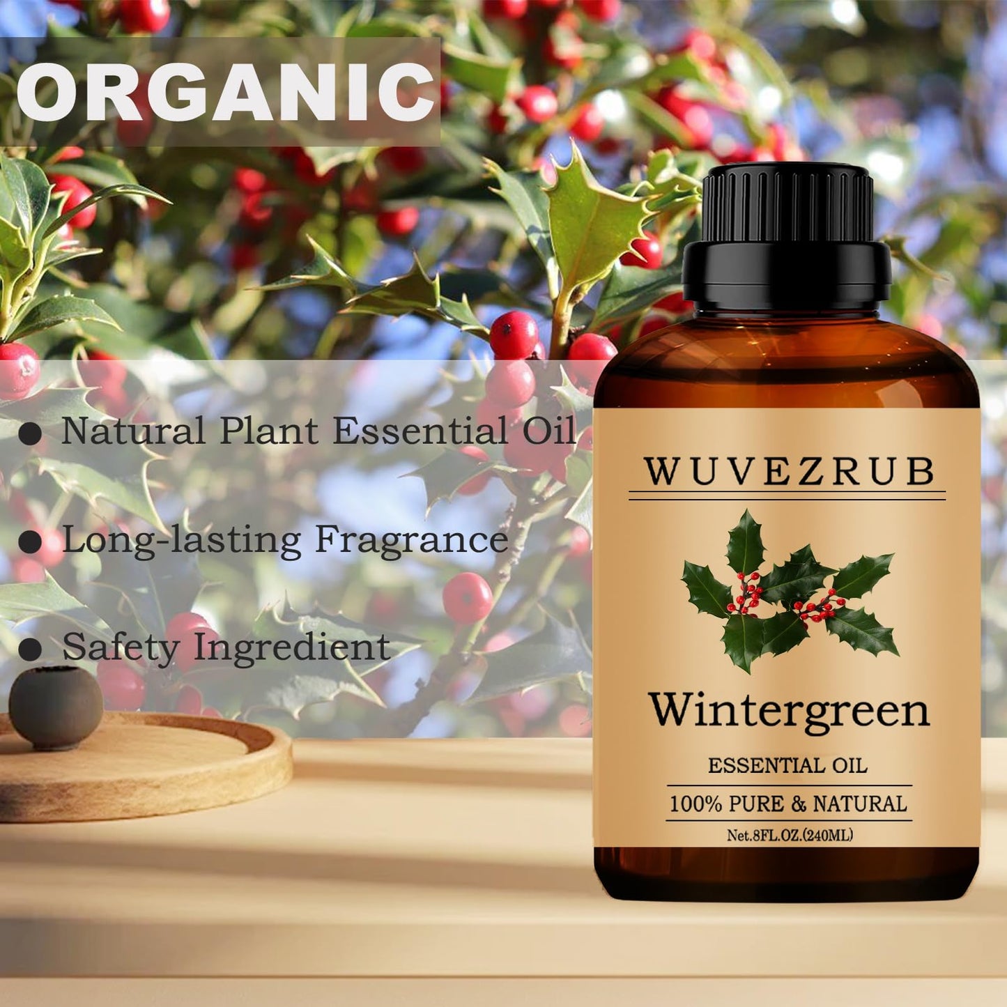 Wintergreen Essential Oil Organic 240ml | Pure & Natural for Aromatherapy Diffuser (8 fl oz)