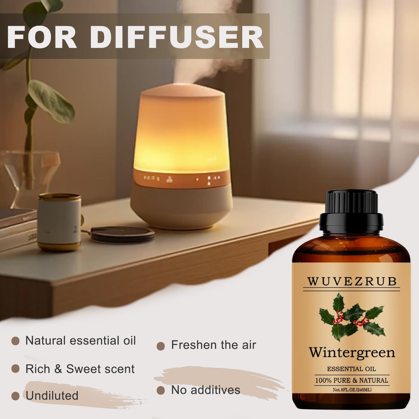 Wintergreen Essential Oil Organic 240ml | Pure & Natural for Aromatherapy Diffuser (8 fl oz)