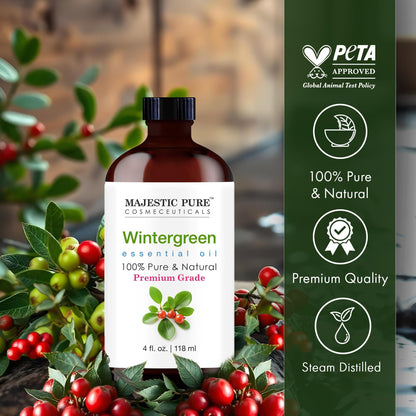 Majestic Pure Wintergreen Essential Oil – 4 oz Glass Dropper – 100% Pure & Natural